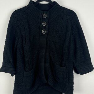 George Sweater Cardigan Size L Black Cable Knit 3/4 Sleeve Pockets Acrylic Cotto